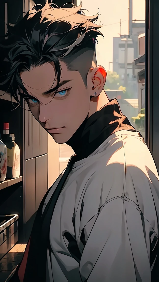 highest quality, 8K, high resolution image, anime style Jujutsu Kaisen, (Wriothesly/Genshin Impact), detailed strokes, bored look, blurry, purple light reflecting from it, (close angle), 1 man, young, male, model, Hand in pocket, Cool guy, multicolored background with different geometric shapes, around stickers, muscular, black hair, Hairstyle: undercut, aqua eyes, multicolored hair, gray hair, hair between eyes, highlighted hair, puffy chest. He is wearing a white shirt and black sweatpants, black sweatpants and a gold link chain, sweatpants, background: room, kitchen,