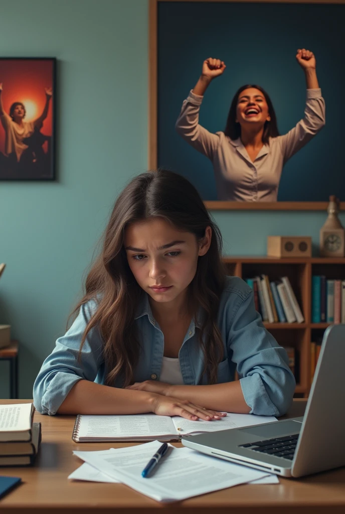 A fully stressed and tensed girl preparing and reading for exam inside the room on table and imagining about the happy stages and speech competition.....
Show the imagination in pictures
A photo hanging behind which shows that she deliver a beautiful speech and very happy on stage