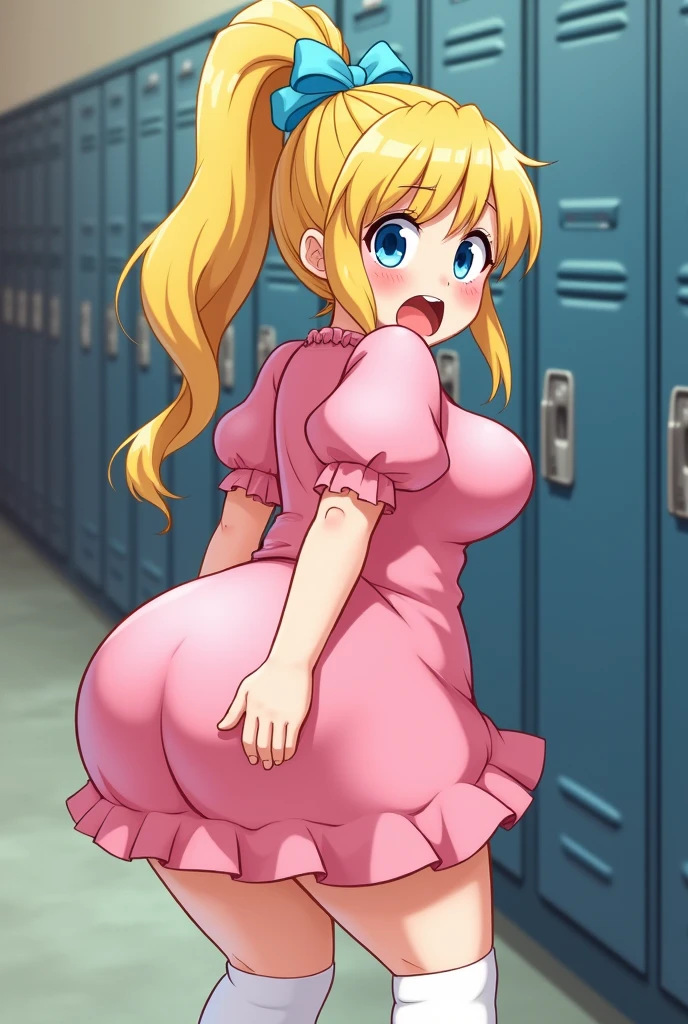 (masterpiece, best quality:1.2), 1girl, solo, penny peterson, best quality,detailed eyes,((penny peterson)), ((pink dress)), puffy sleeves, blue eyes, blonde hair, long hair, cyan blue ribbon, ponytail white tube socks, chubby thighs, blushing, surprised, scared, looking at viewer:1.3), showing butt, backside, farting, open mouth, school, school lockers,