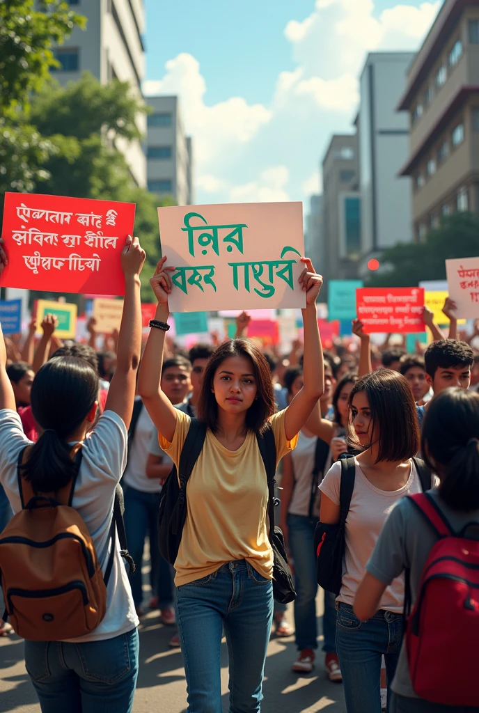 Some Bangladeshi college student boys and girls stood with banners on the street and their banners read