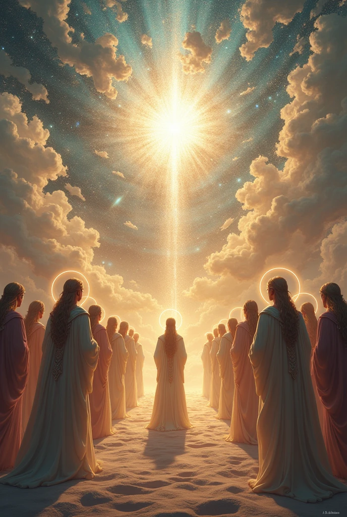

11. **Divine Assembly**: The celestial assembly of gods observing the realms with expressions of awe and anticipation.

