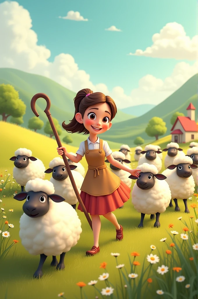 Woman herding sheep in cartoon