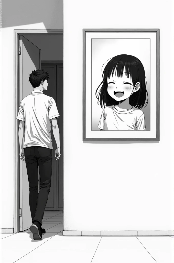 A man leaving a room through a door and zooming out to a picture frame with a photo of a very happy  girl, she smiles showing her teeth and with her eyes closed. Black and White Manga Style