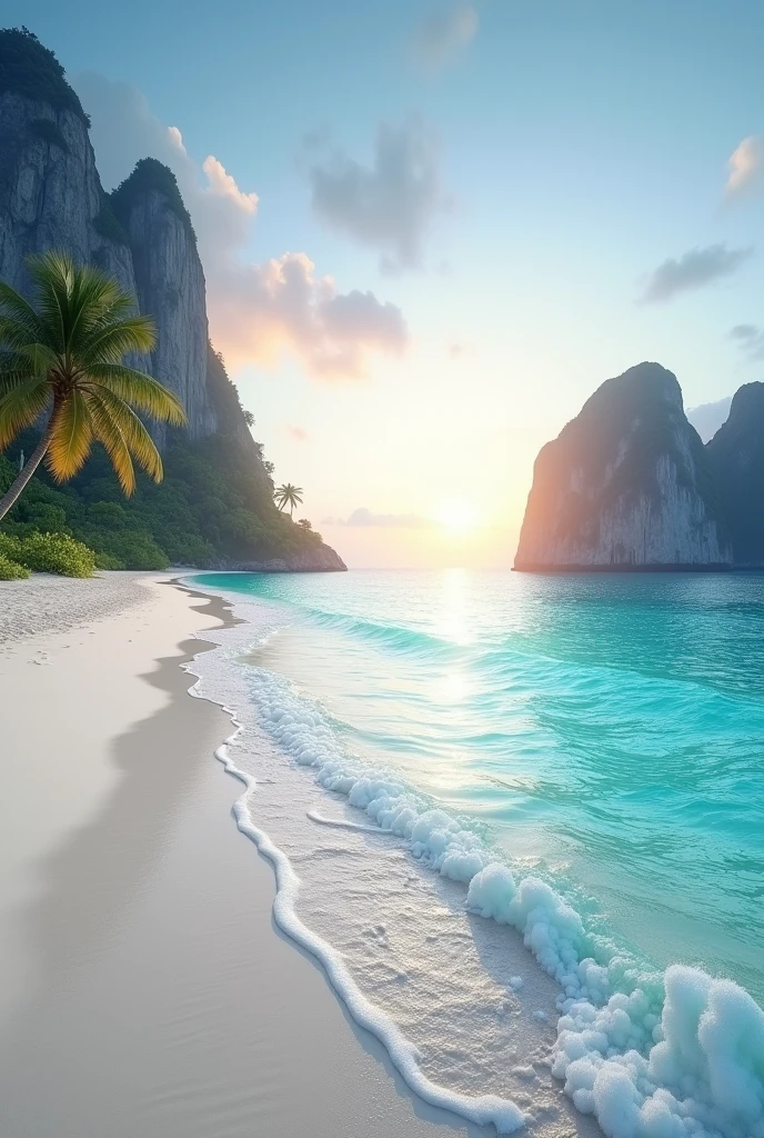 A stunningly vibrant seascape with crystal-clear turquoise waters. The shoreline is lined with soft, white sand stretching into the distance. The horizon is a clean, straight line, where the sun is just beginning to dip below, casting a gentle glow of light that fades from light blue to soft orange and pink across the sky. Gentle waves roll in, creating a trail of white foam as they meet the shore. In the background, towering limestone cliffs rise, symbolizing the majesty of nature. A few palm trees stand by the beach, adding a touch of tropical serenity.