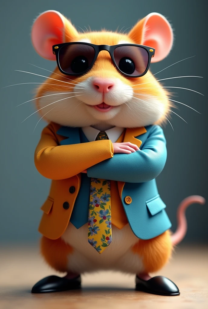Beautiful picture shows a hamster wearing a many colours suit, tie, and sunglasses, standing with crossed arms Black official shoes. Front side face. It's likely a character from the Telegram game "Hamster Kombat", where players help a hamster CEO manage a virtual crypto exchange.