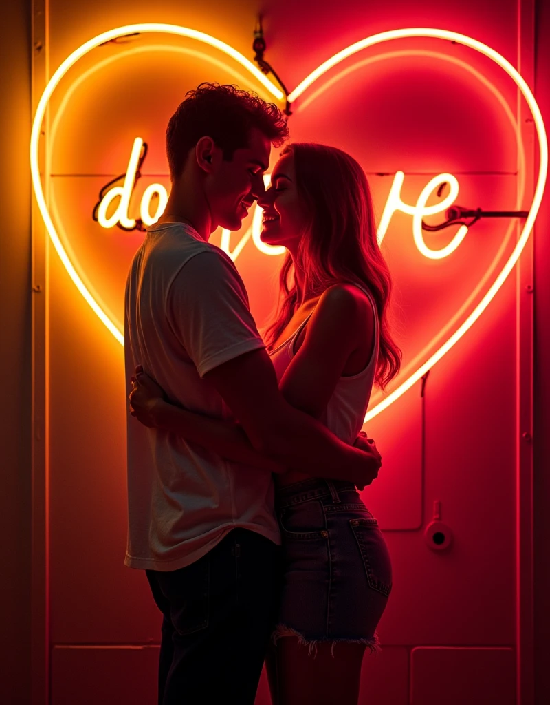 photo of ,hug neon glow do love with a style in mood and happy a slash yellow glow on the wall, background with red heart neon glow inside of the heart is the DO love word, 90's fashion font graffiti words hug BEAR style,