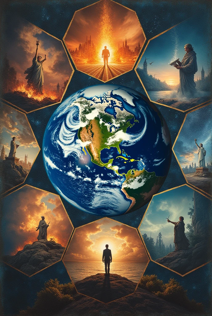 A poster that has nine sides and the middle of it is earth and the 2 middle side show the right and wrong ways to use freedom and the 2 top side and 2 bottom sides shows the types of freedom 