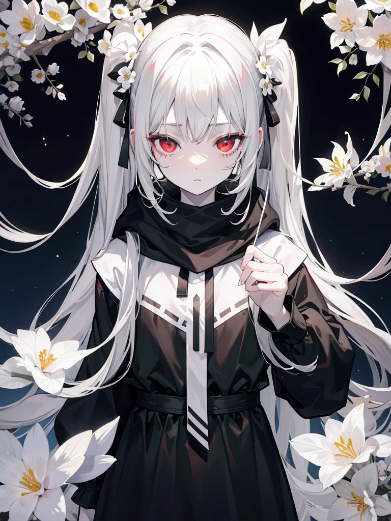 Pale skin, Gray Hair, Black hoodie, White flower, Flowers on your head, Twin tails, , alone,{{Highest quality}}, {{masterpiece}}, {{Very detailed}}, {figure}, {Detailed light}, Red eyes,Long Hair,