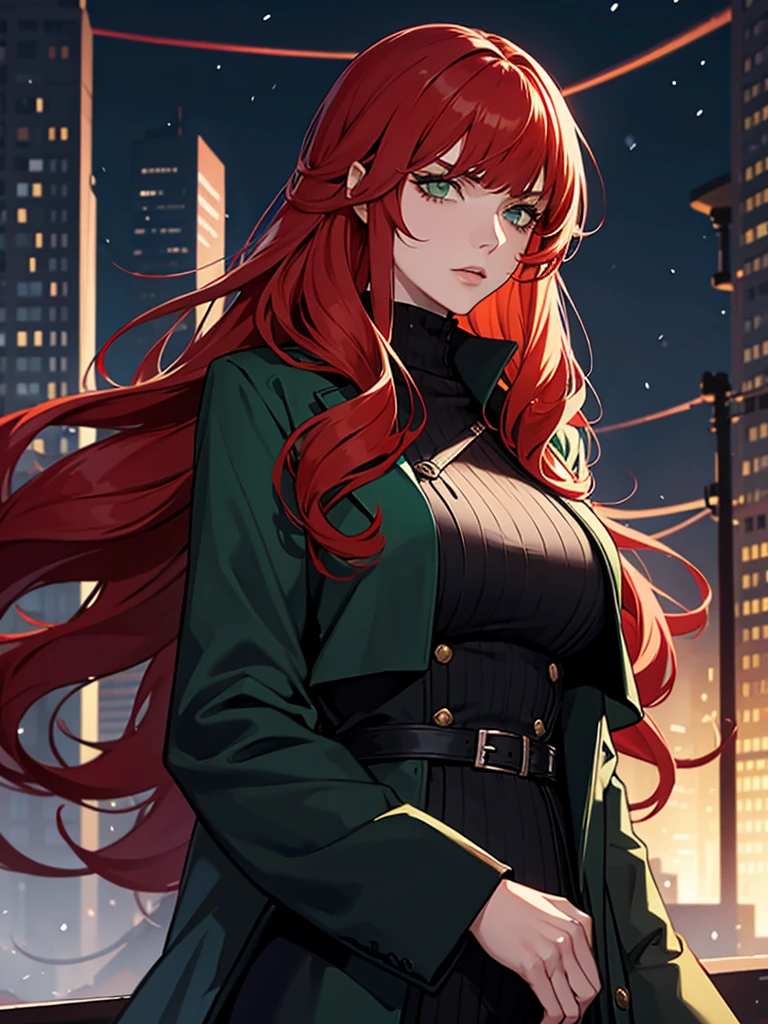 green eyes, red hair with long bangs, noble, mafia. sadistic women, wavy long hair. strong woman. background in winter. spy