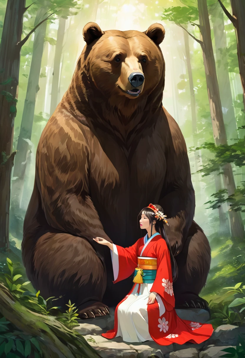 (Huge brown bear and young woman)、(The woman is a shrine maiden who is in charge of the peace of the forest.)、(Brown bear is ferocious, but he is her servant.)、(Brown bear and her are always together)、 Mysterious and mysterious forest、An inhospitable forest、Like forest trees and plants々Spirits gather、Imagine you are sitting in a deep forest., Create a magical moment that pays tribute to She-Bear's character, Very detailed, Beautiful Landscape、(Highest quality, masterpiece, High resolution)、4K Anime Art、