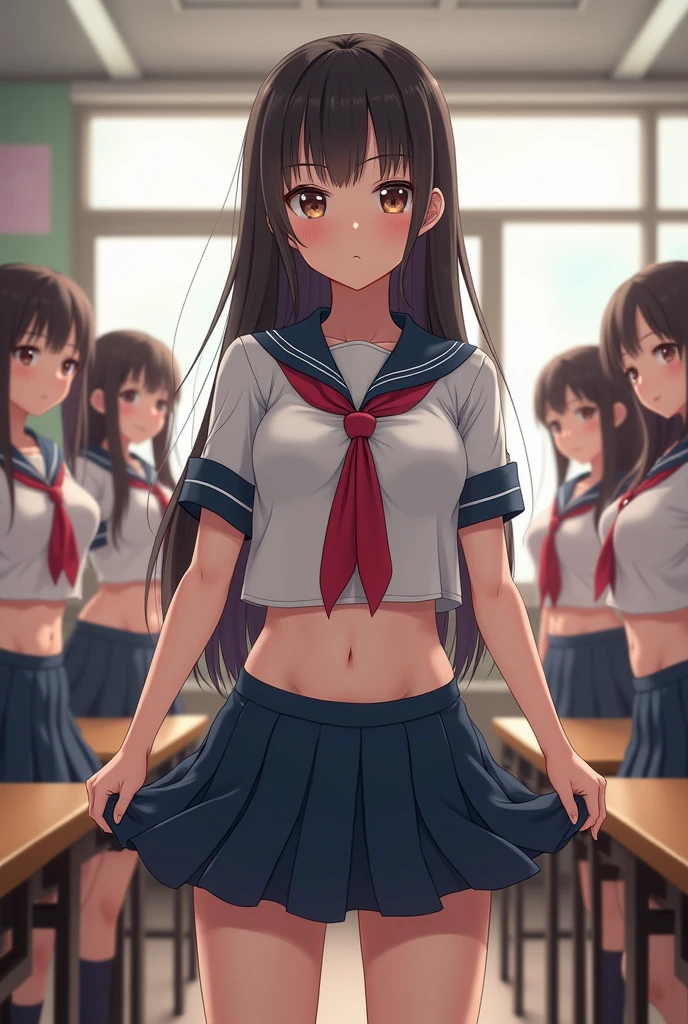 8k, Highest quality, masterpiece,Japanese schoolgirl, , Straight long hair, classroom, Japanese High School Uniform, (Micro Mini Skirt:1.3), (Flipping up her skirt to show her panties:1.3), (No underwear), Big Breasts、Group photo、裸の女だらけのclassroom、