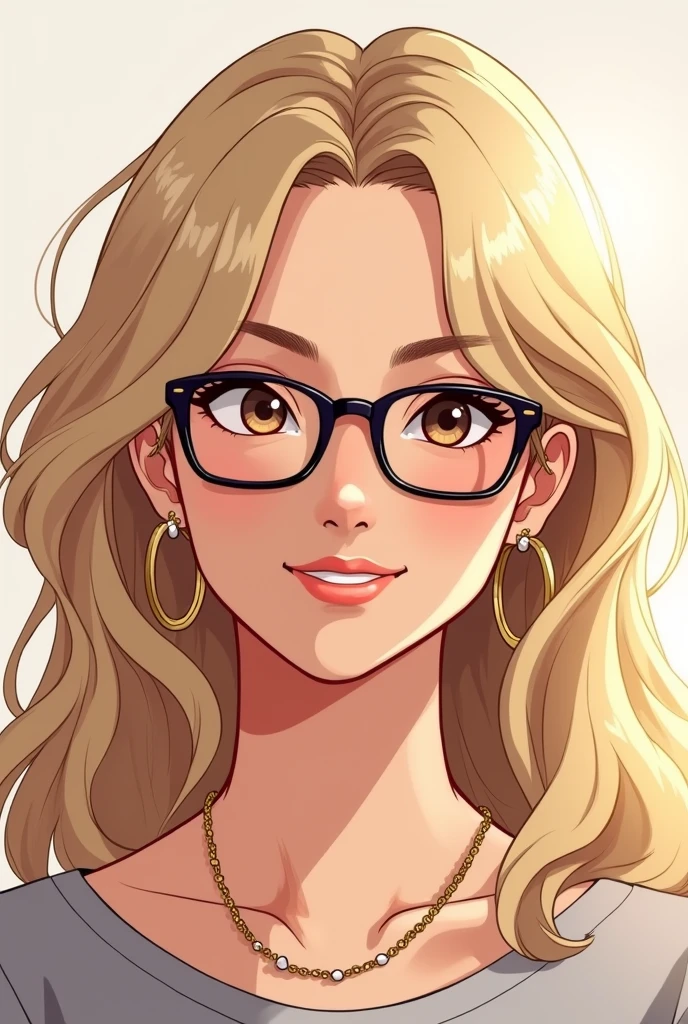 Style animé ou manga , Femme de 35 ans, les cheveux blonds avec differentes nuances. Ses yeux sont marrons et legerement tombant. Ses lunettes sont hexagonales noires. Elle a des petites boucles d'oreilles dorées et autour du cou une chaine dorée avec de petites perles blanches. Elle sourit, ses levres sont fines