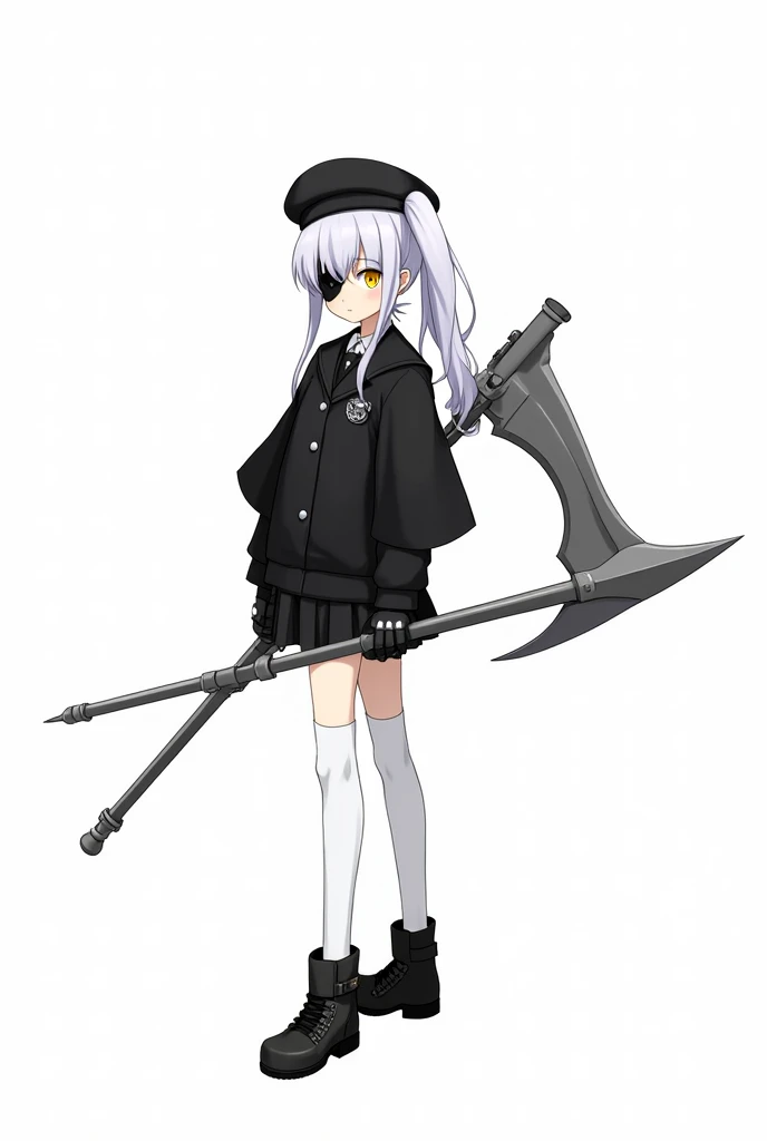 Medium-height anime girl, long white ponytail tail hair, yellow eye, holding a overlong futuristic scythe spear on her shoulder, wearing a black school uniform,short skirt, loose black jacket, long white socks, black eye patch, black beret, tactical gloves, tactical boots. Manga art style with white background