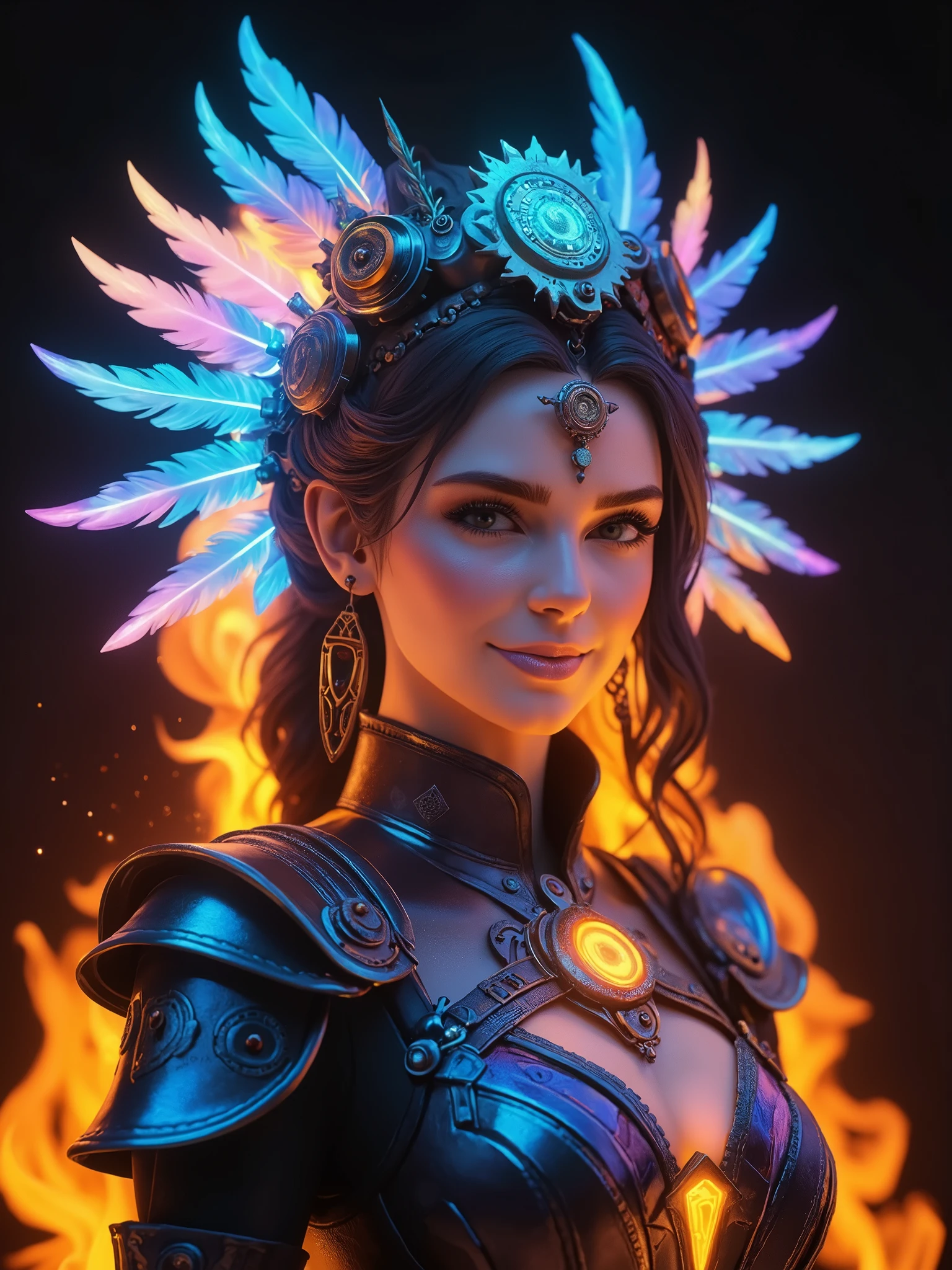 28-years-old girl, intricate steampunk clockwork automaton details, Gorgeous and vibrant colors, bright appearance, happy, smile, centered, equidistant, vibrant, lifelike, 8k, vignette, menacing look, wrapped up, golden headdress, desert oasis background, Unreal Engine 5, 3D, cinematic lighting