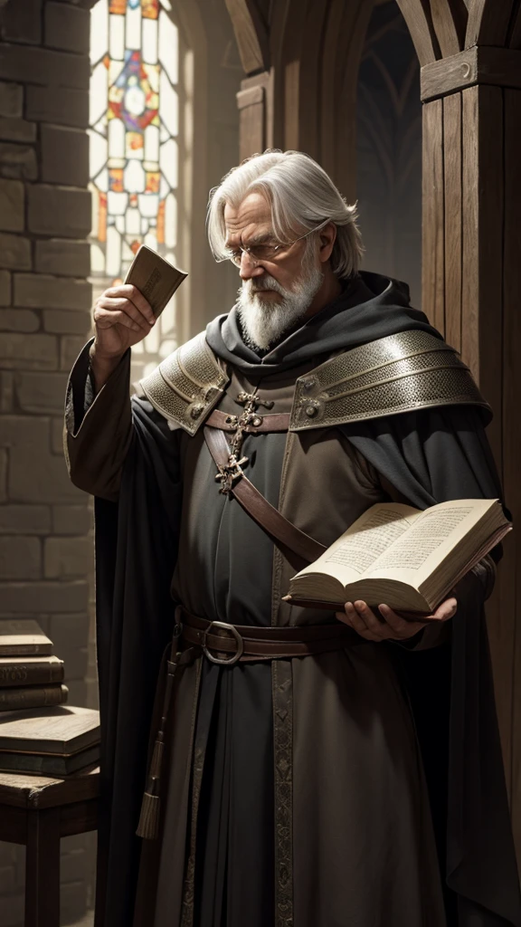 Cleric man of about fifty years old medieval fantasy austere a book in his hand