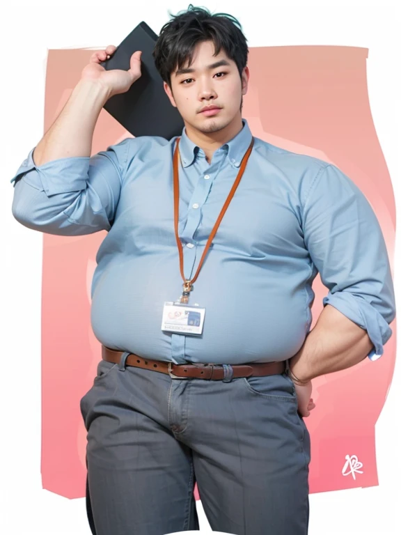 A handsome Korean man with a thin face and no beard has muscular arms but a fat body and a pot belly and wears a tight shirt and tight jeans.