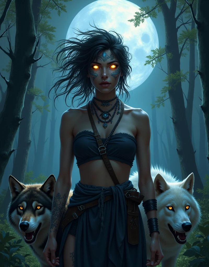 ncient Greek huntress Commanding a wolf pack and ravens, Messy feral hair, glowing wild eyes with glowing face paint. Moonlit forest background. Deep, rich colors and intricate details. Carne Griffiths and Charles Vess