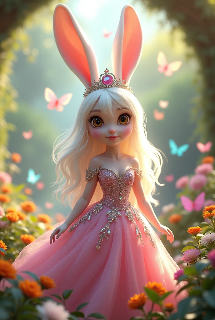 The young rabbit princess has a beautiful chest and a beautiful waist, white hair, rainbow hair, bangs, long hair, beautiful face, tall, big eyes, very cute, wearing a sparkling pink princess dress, long dress with beautiful diamonds, can see the whole body, wearing high heels, wearing a crown, in her garden there are many butterflies flying.