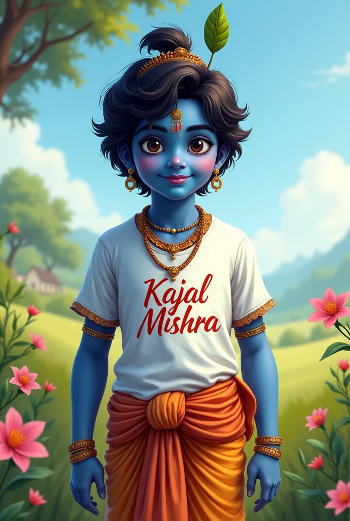  Krishna with girl kajal Mishra name printed on his t shirt 
