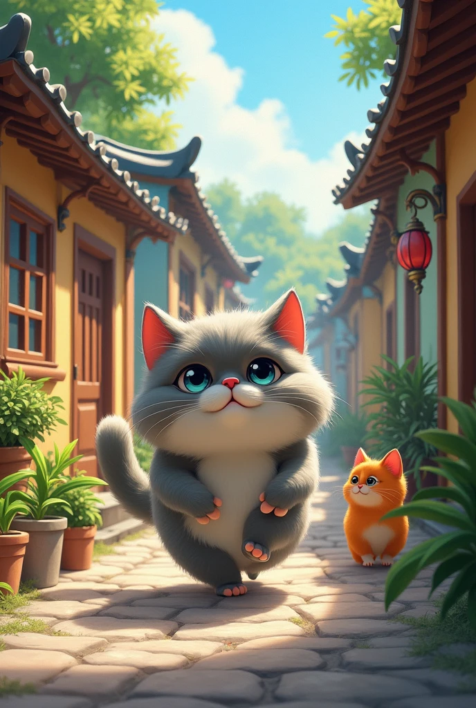 In the village, there is a cat named Mung Ming. He is a big cat but is very timid, so his friends in the village always make fun of him.