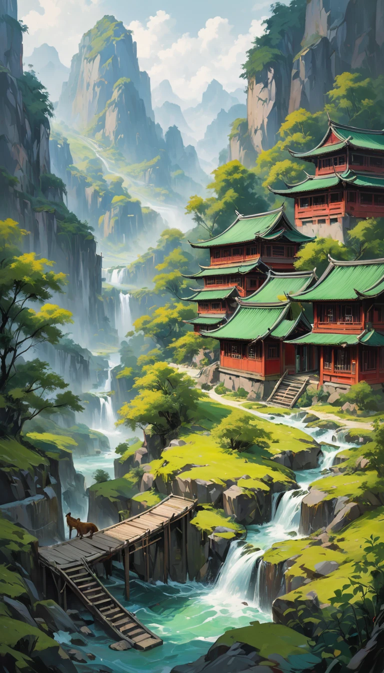 artist by Luo Zhongli,inside the village,wild animals,light tones,(smooth strokes),fine sketches,Vivid,Moody,Landscapes,Fantasy,Dark,landscape oil painting, red and green colors
