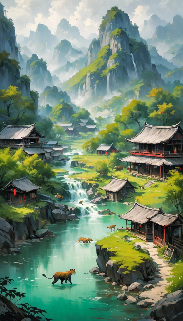 artist by Luo Zhongli,inside the village,wild animals,light tones,(smooth strokes),fine sketches,Vivid,Moody,Landscapes,Fantasy,Dark,landscape oil painting, red and green colors