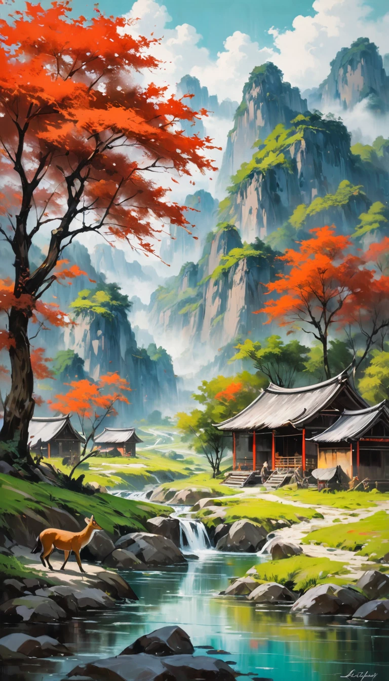 artist by Luo Zhongli,inside the village,wild animals,light tones,(smooth strokes),fine sketches,Vivid,Moody,Landscapes,Fantasy,Dark,landscape oil painting, red and green colors
