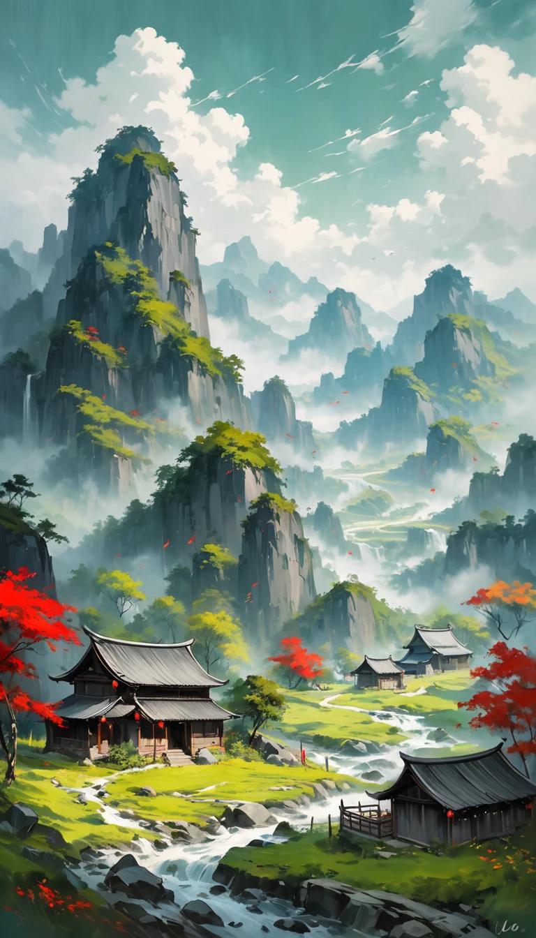 artist by Luo Zhongli,inside the village,wild animals,light tones,(smooth strokes),fine sketches,Vivid,Moody,Landscapes,Fantasy,Dark,landscape oil painting, red and green colors
