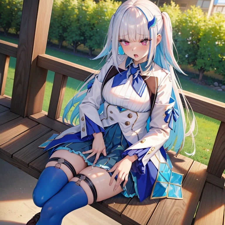 Highest quality,(Ahegao),blush, fingering, schlick, masturbation ,lh1, hair ornamnet, long hair, long sleeves, pleated skirt, blue thighhighs, 手链, frilled skirt, white jacket, white shirt, blue skirt, thigh strap, No pants,Spread your legs,sit,Without skirt