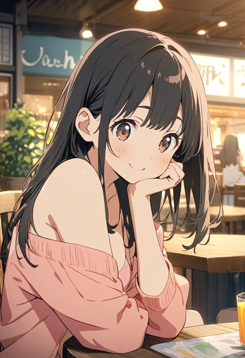 1girl, 17yo, brown eyes are shining and cute, black hair, long hair, tareme, (red-rimless eyewear:1.2), star earrings, medium breasts, smile, blushful, BREAK BREAK Surprised expression,sit,Chair,In the background are the urban buildings of Tokyo,looking at the camera,Indoor cafe terrace,juice,Shooting up close,table,Very cute face,nude,bikini,Hands tuck hair behind ears,Cheek resting on hand, BREAK ((best quality, high resolution)), (delicate illustration), (pastelcolor style illustration:0.4), (watercolor style illustration:0.4), ((beautiful:1.3)), (anime key visual),4k,Perfect Anatomy,Off-the-shoulder pink cardigan,
