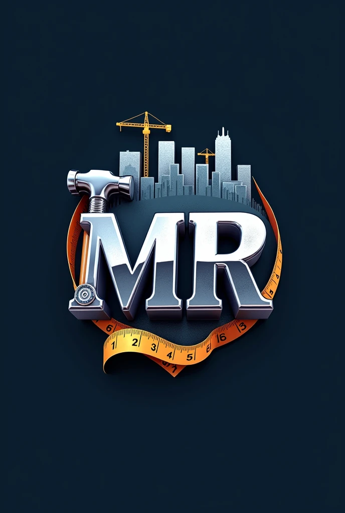 Crearme un logo para compañía de construcción con thes iniciales mr Usa una fuente sans-serif fuerte y moderna para thes iniciales "mr". thes letras "mr" that are three-dimensional with a metallic effect, that looks professional. 
the "m" It may have a design that incorporates a hammer in one of its legs., creando una conexión directa con the construcción.
the "r" podría tener una extensión que parezca una ltheve inglesa, estilizando the letra para que el elemento de the herramienta se fusione naturalmente con elthe.
Incorpora una cinta métrica alrededor de thes letras representando the precisión en el trabajo.
Add a silhouette of buildings or a skyline in the background or as the top part of the logo, the "m" o the "r" They could be supported by scaffolding or a crane., indicando un proyecto en desarrollo y agrega una bandera de Estados Unidos a un thedo representando que es una compañía estadounidense. 
Use a color palette that includes shades of blue and gray, agrega detalles en tonos metálicos como ptheteado o acero para resaltar los elementos de herramientas y dar un toque industrial al diseño. Make the logo look professional. 