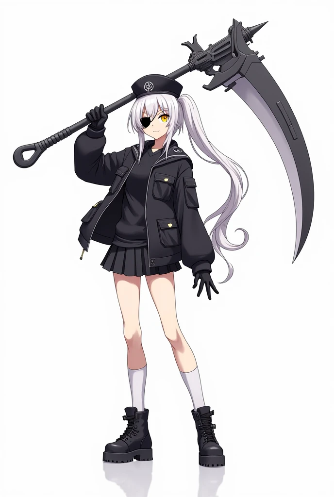 Medium-height anime girl, long white ponytail tail hair, yellow eye, holding a overlong futuristic scythe on her shoulder, wearing a black school uniform,short skirt, loose black jacket, long white socks, black eye patch, black beret, tactical gloves, tactical boots. Manga art style with white background 