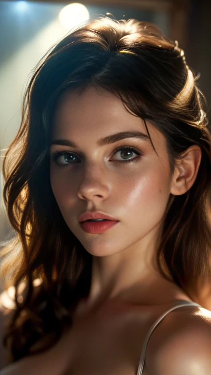 (((ultra realistic))) Photo, masterpiece, top quality, (pale skin), (Ultra detailed face and eyes:1.3), 1 girl, Adult, nude, (Eye makeup, mascara) , ((large detailed lips)), ((ash wavy hair)), ((Chyolka)) , (Natural breasts), Slim waist. ((Posing)), photoshoot, studio (soft lighting), (The play of light and shadows), depth of field, bokeh, (special attention to skin detail: 1.2), Detailed leather texture, skin pores. (Airy atmosphere of the frame. Color range - delicate, Bright, white, Pink tones), UDR, ((Film grain)), ((rays)), ((glare of the sun)), ((waist up portrait, close to the camera)) , ultra detialed,