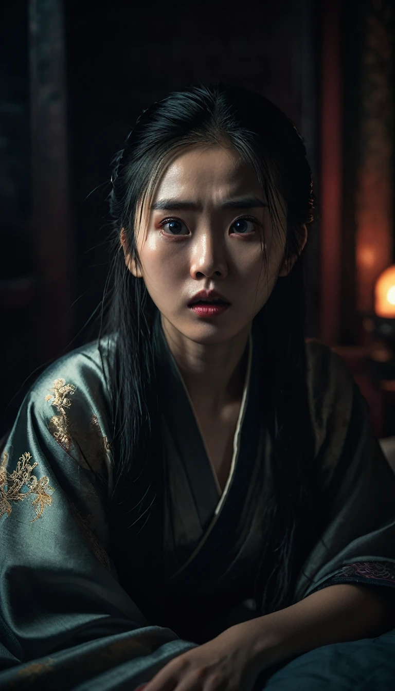 A young girl, scared expression, wide eyes, pale skin. Sitting on a bed, looking at the darkness. Dark hair, traditional Chinese clothing. Spooky atmosphere, dramatic lighting, close-up shot.
Hong Kong cinema style. Cinematic lighting, high detail, 8K, artstation, conceptual art, dark fantasy. Photo taken with Canon EOS R5 85mm f/11 camera, sharp mode of people and surrounding scenery. 8K picture quality, realistic, masterpiece, sharpest and highest contrast, excellent depth of field, stereoscopic light, Direct light on the face.