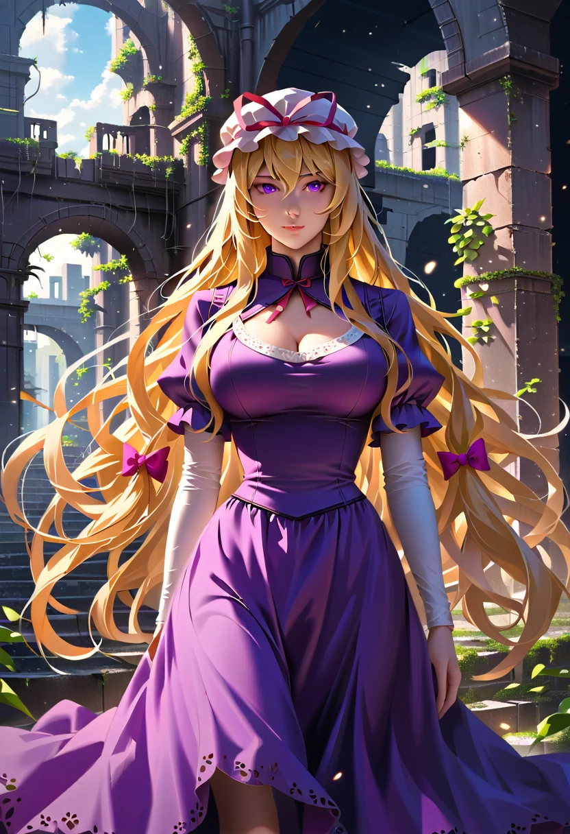 {yakumo_yukari_Touhou:1.15},Long shot of a girl standing in the ruins of a high-rise building,Ivy-covered ruins,(((Ruins of a big city)),((masterpiece, Highest quality, Extremely detailed CG, unity 8k wallpaper )),(masterpiece, Highest quality, Highest quality, Official Art, beautiful,aesthetic:1.2),Purple Dress,Long skirt,ribbon, hat, mob cap, hat ribbon, white headwear, bangs, breasts, hair between eyes, hair bow, large breasts, very long hair,(((Blonde))),Very colorful,Very vivid,High-precision images,Ultra-high resolution,unrealistic,beautiful顔,Perfect Face,Photorealistic Background,High resolution face,Detailed face,Ray Tracing,beautiful目