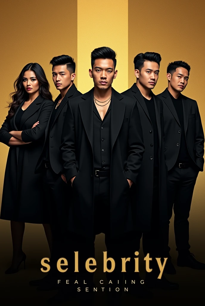Please put Lan Pet Pet, Azlee Senario, Wahid Senario, Yassin Senario, Saiful Apek and Ilya Senario from Malaysian group selebrity. Make it as concert poster with exclusive and serious mode also they wearing black coat with gold and black background