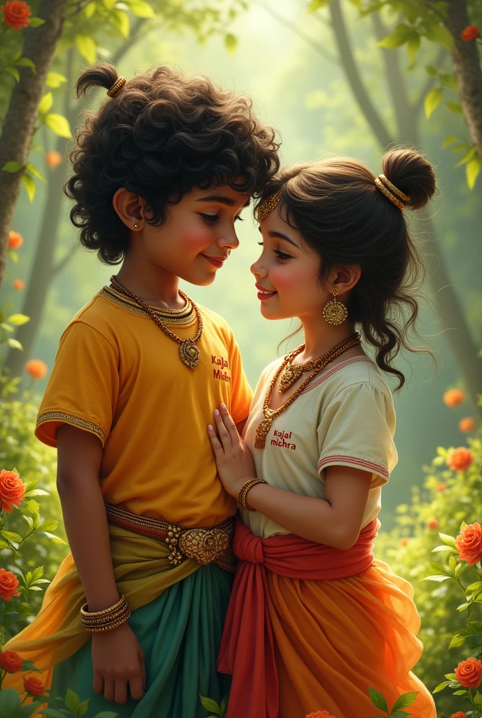 Little Krishna with girl kajal Mishra name printed on his t shirt