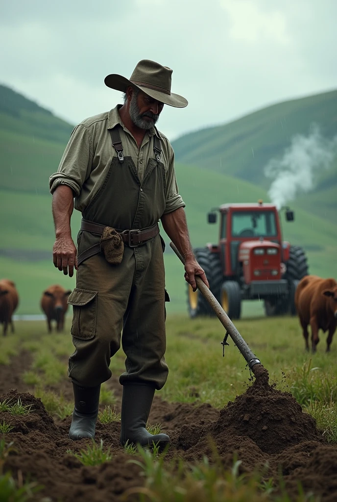 Farmer Farming in land and rain and bulls and tactors