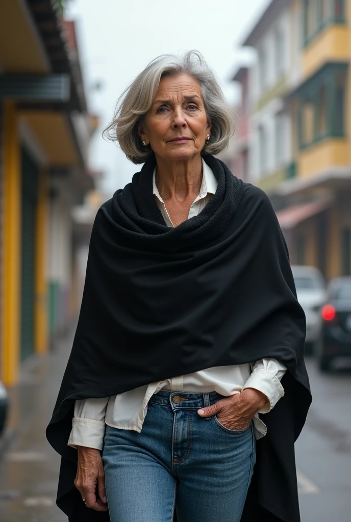 Woman in her 50s on a cold day in Brazil , wearing jeans, a white blouse and a black pashmina