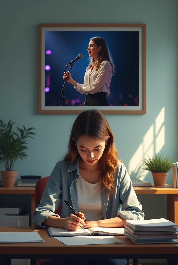 A fully stressed and tensed girl preparing and reading for exam inside the room on table and imagining about the happy stages and speech competition.....
Show the imagination in pictures
A photo hanging behind which shows that she deliver a beautiful speech with mic on stage and was happy