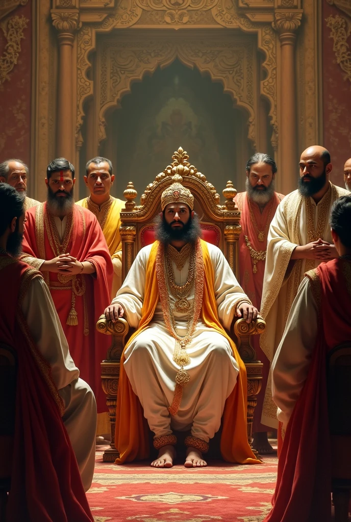 A indian king sitting on a chair in royale assembly with his 6 ministers