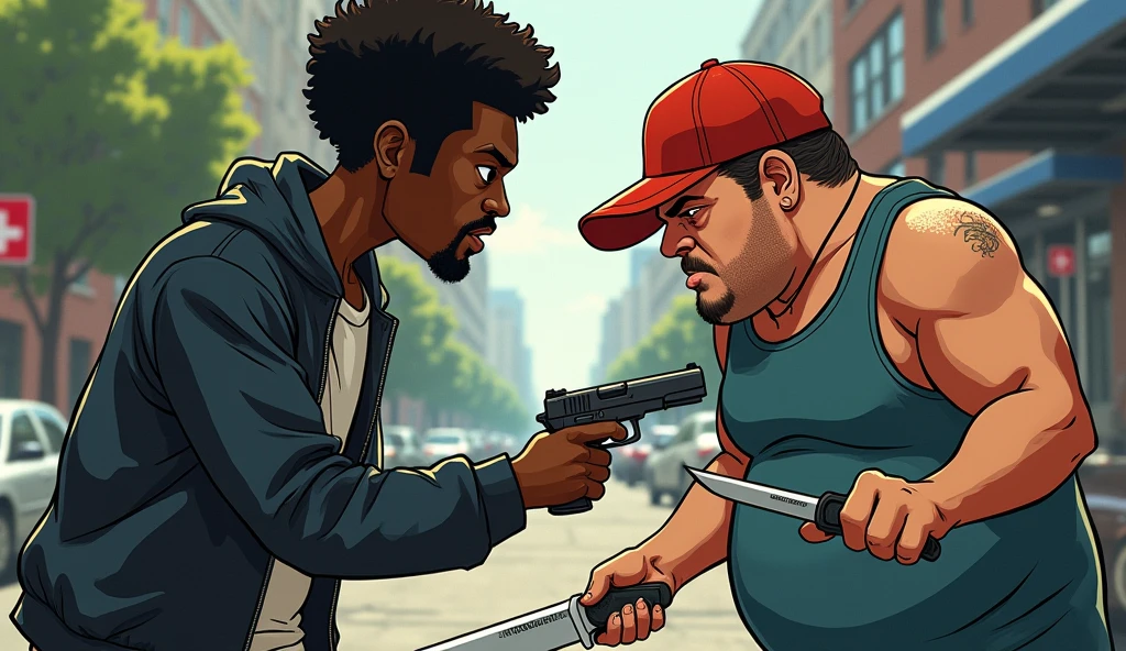 a dark-skinned person, with one eye higher than the other, street clothes,all brand EMPORIO ARMANI 7, SHORT afro hair threatening an obese person with a GUN, normal clothing, with a jockey-style cap and without an eye and at the same time threatening him with a KNIFE. both characters in their 30s who are imagined in a semi-cartoonish way