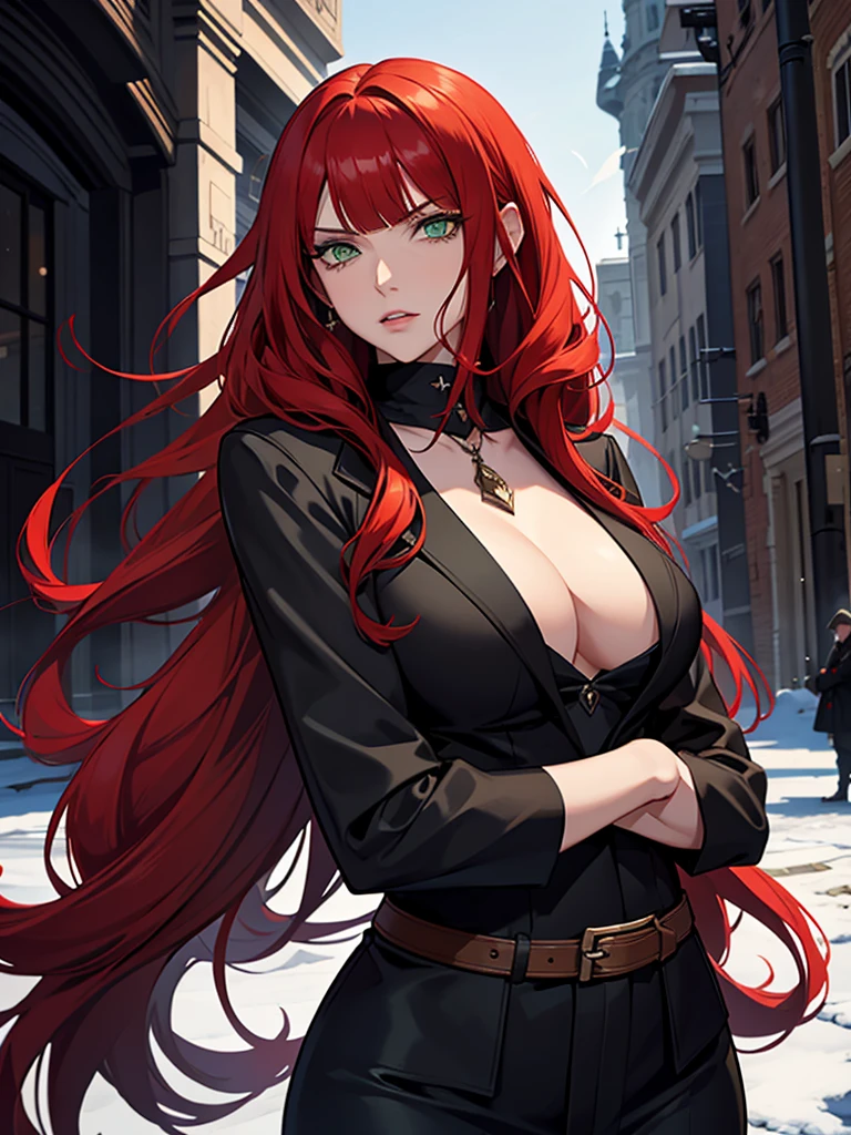 green eyes, red hair with long bangs, noble, mafia. sadistic women, wavy long hair. strong woman. background in winter. spy