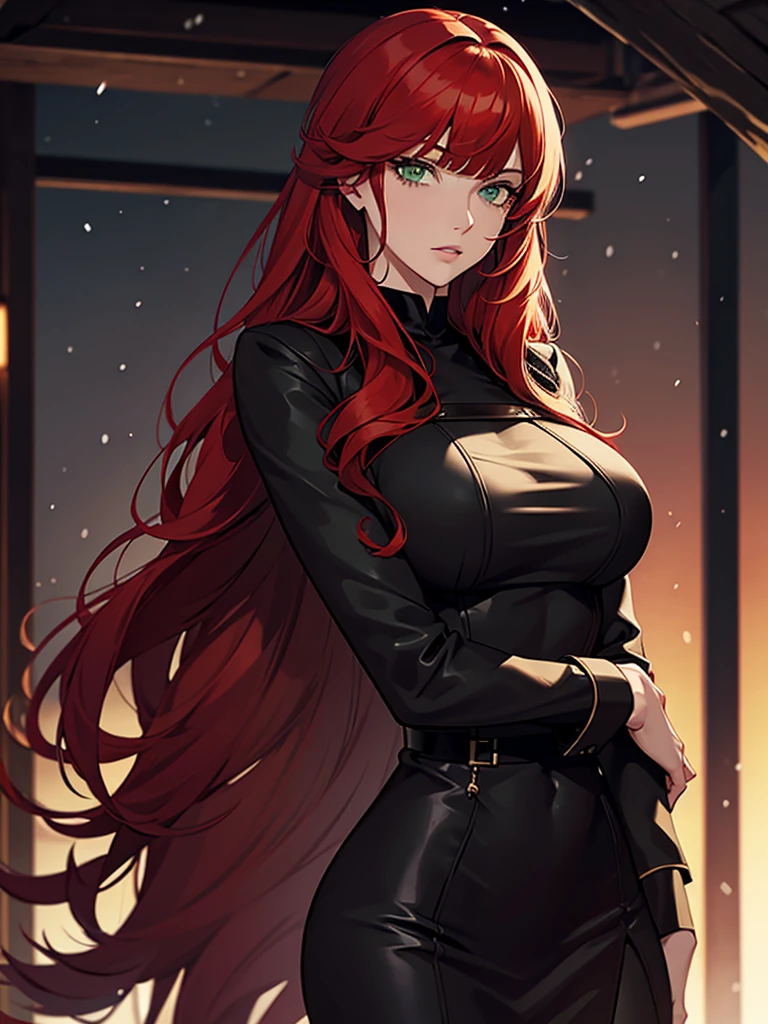 green eyes, red hair with long bangs, noble, mafia. sadistic women, wavy long hair. strong woman. background in winter. spy