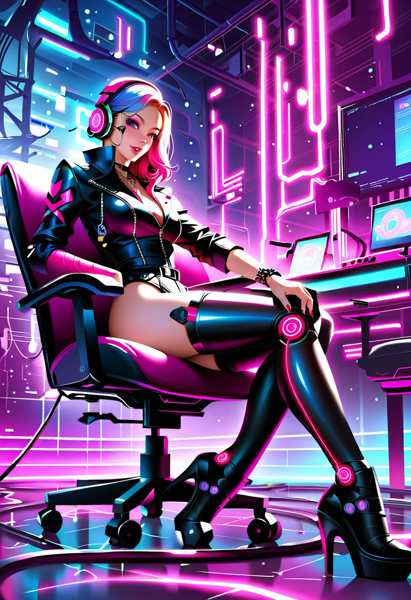 ((masterpiece, Highest quality, Extremely detailed CG, unity 8k wallpaper )),(masterpiece, Highest quality, Highest quality, Official Art, beautiful,aesthetic:1.2)Cyborg Girl, Sitting in a machine chair, The tube is stretched, cyber punk, Cracked skin,Hydraulic cylinder,Servomotor,Manipulator,Colorful light,neon,headphone,Prosthetic arm,sf,Ball joints