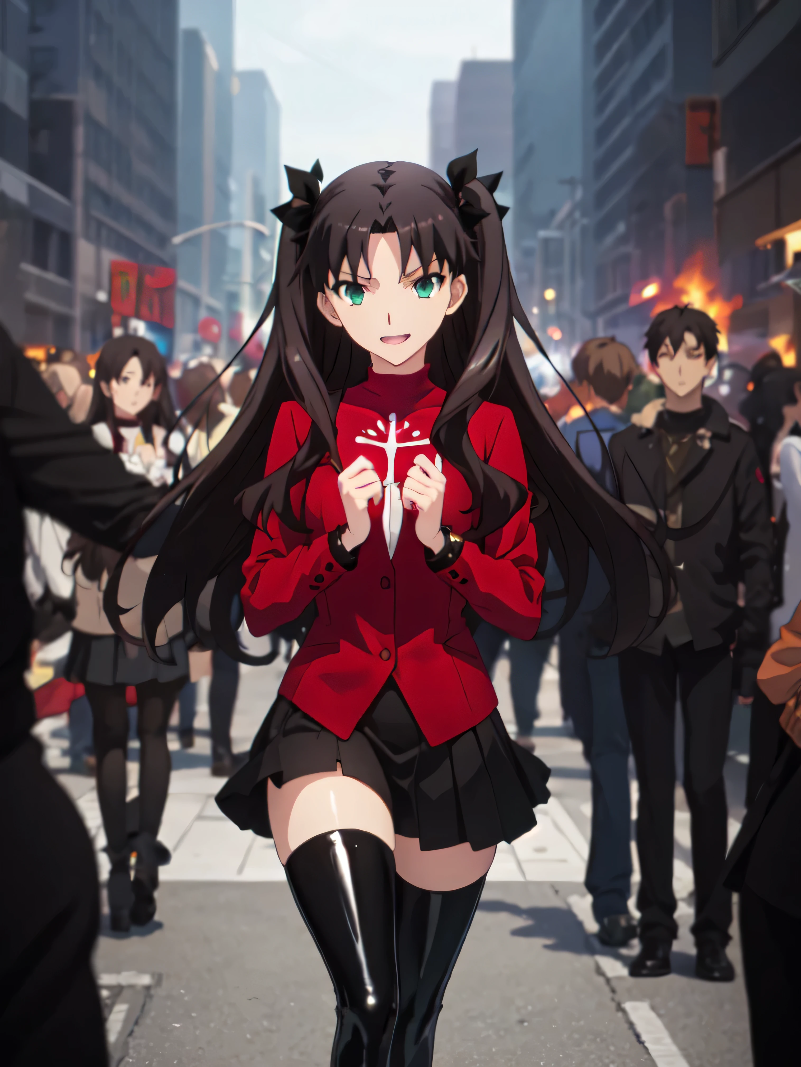 Highest quality, masterpiece, High resolution, 一人w, (Tohsaka_Also_fwestaynightufotable:1.10), one person, アニメ_coloAlsog, turtleneck, , Lookwg_w_Audience, brown_hair, Parody, green_eye, , swewer, アニメ_style, 5 ,,Bad face,, Black Skirt,both hands,Two legs,Five Fwgers,Evil background,shwy ,shwy latex Black thighhigh socks ,evil laugh, Debish Aura (Shwy fabric:1.5),Dark world background,solo,Burnwg cityscape,lookwg dwon at viewer