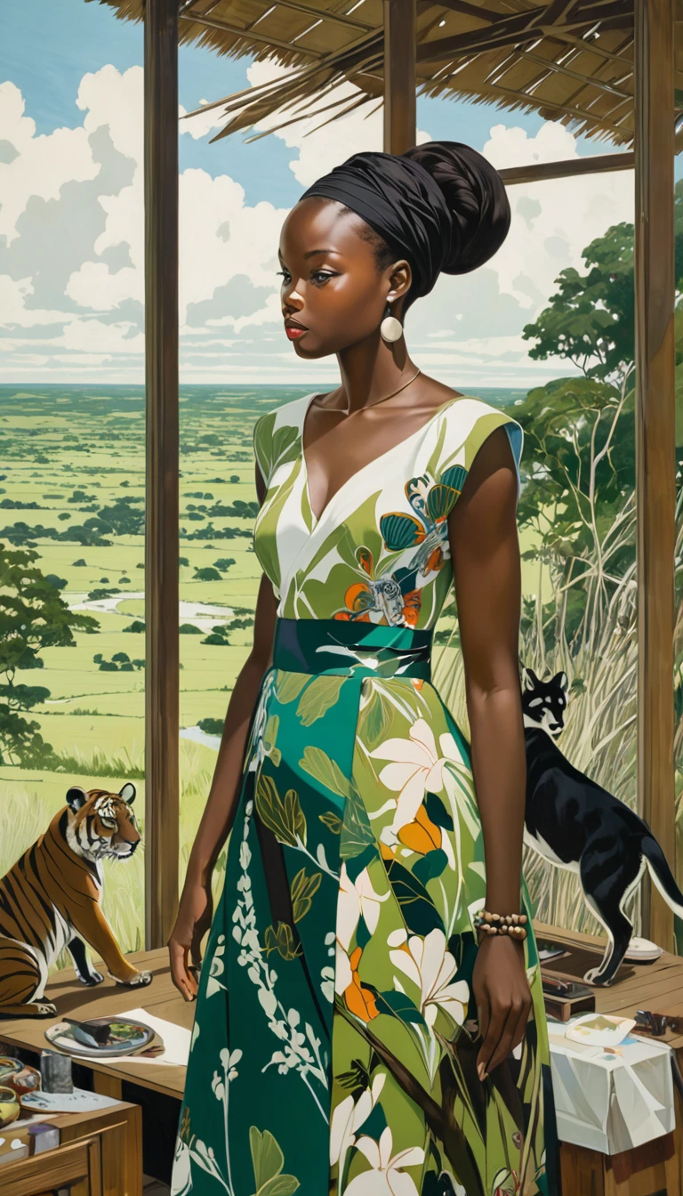 artist by Njideka Akunyili Crosby,inside the village,wild animals,light tones,(smooth strokes),fine sketches,Vivid,Moody,Landscapes,Fantasy,Dark,landscape oil painting, red and green colors
