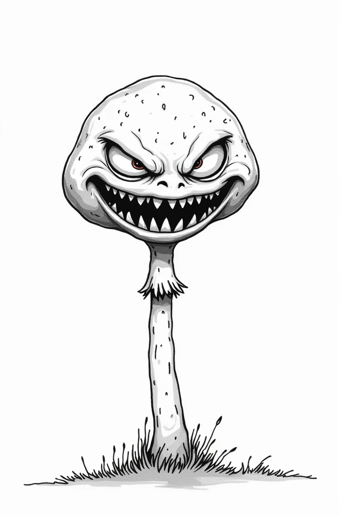 Line drawing of an angry moon-faced poisonous mushroom