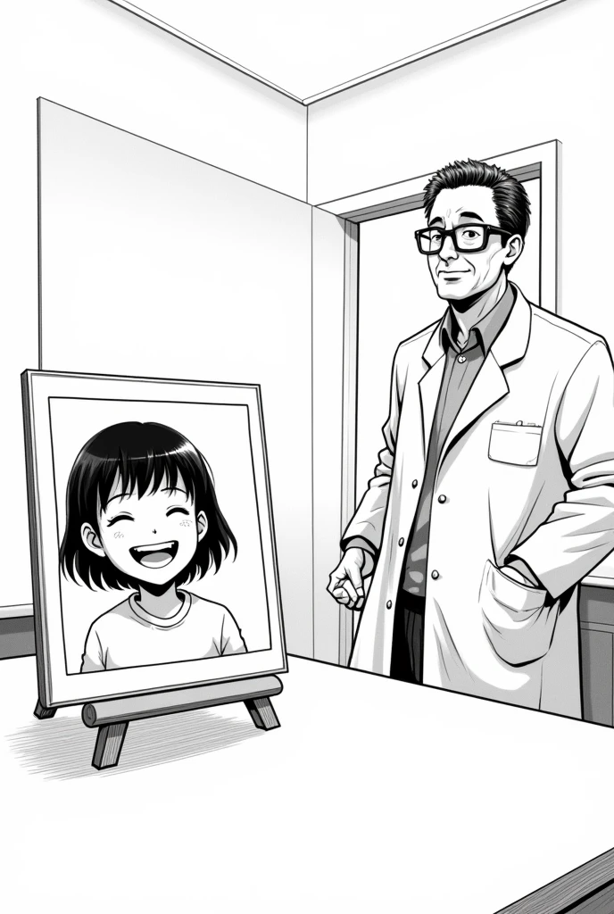 A man in a scientist outfit exiting a room through a door and zooming out with a small picture frame on top of a table with a picture of a very happy  girl, she smiles showing her teeth and with her eyes closed. Black and White Manga Style