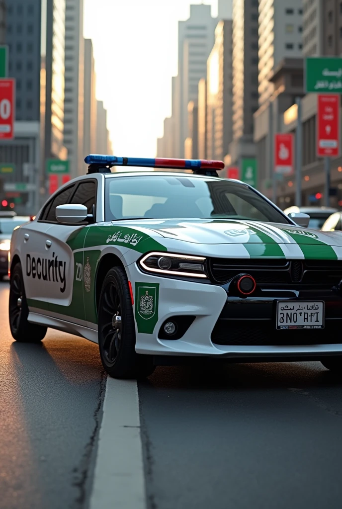 Dodge Charger police car, Saudi traffic police, security logo on one side, green logo on the side